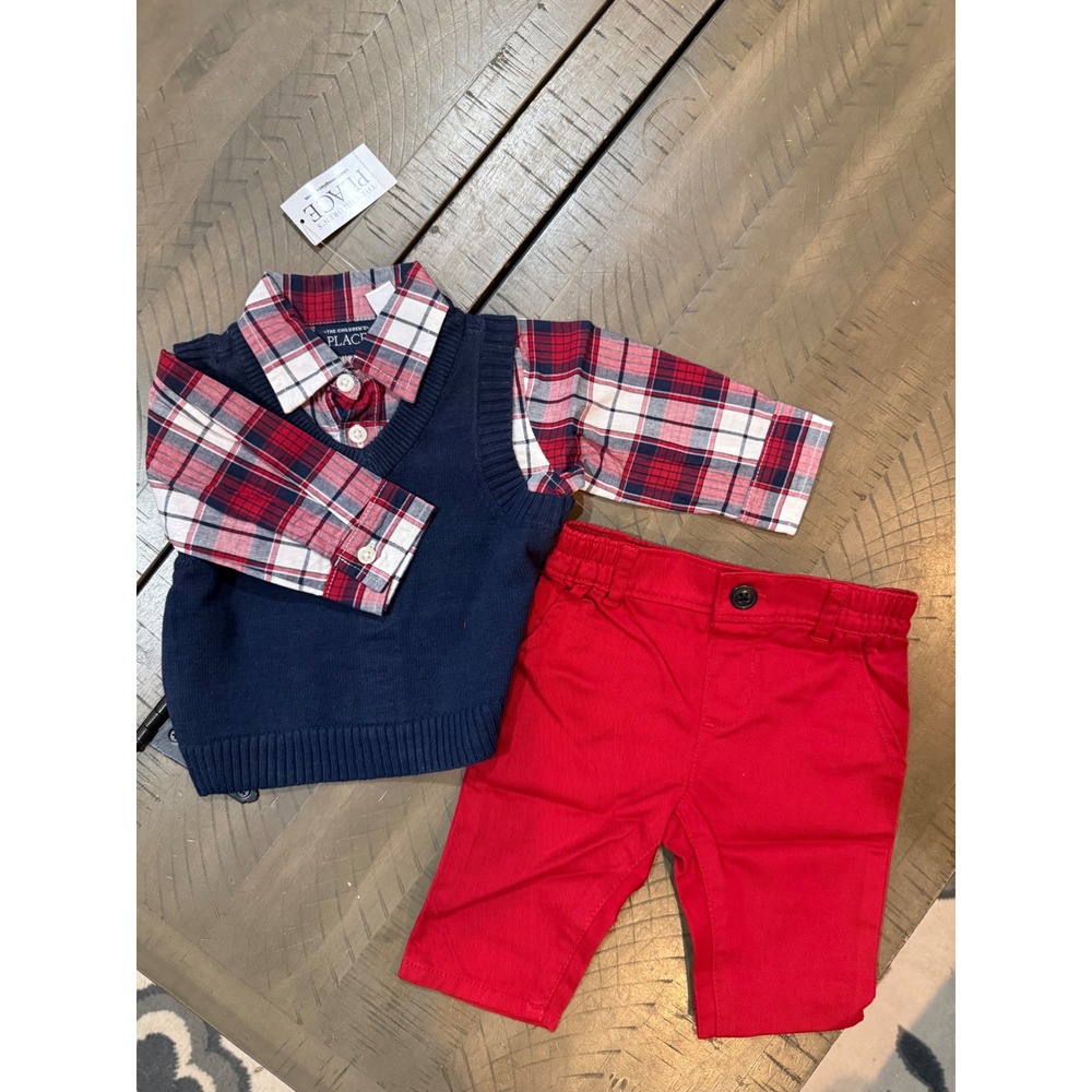 The Childrens Place Baby Boy 3pc Plaid Shirt Sweater Vest Red Pants Set 0-3M NWT